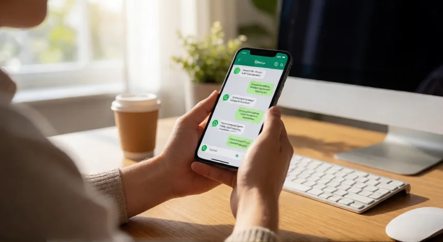 Persona usando WhatsApp en su móvil desde un escritorio en casa por la mañana