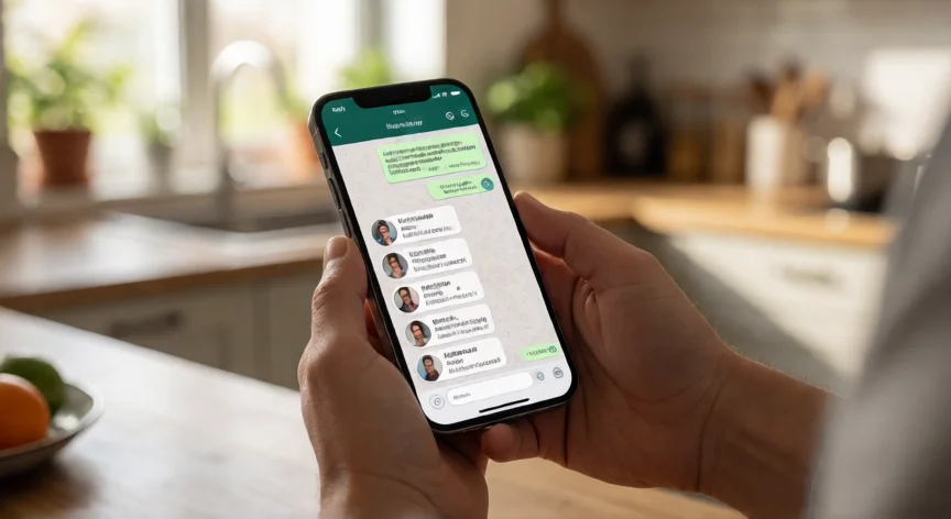 consejos para whatsapp, Manos sosteniendo un teléfono con un chat de grupo de WhatsApp fijado
