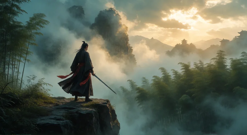 consejos para where winds meet, Guerrero wuxia en un acantilado montañoso con niebla al amanecer
