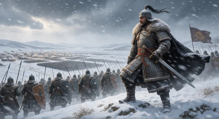 consejos para whiteout survival, Comandante militar liderando tropas en un campo nevado antes de una batalla PvP