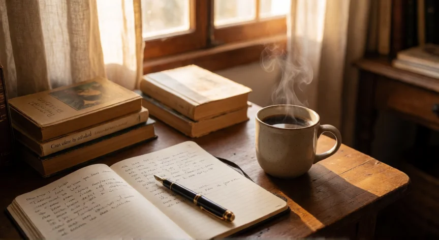 consejos para writing, Mesa de escritorio con cuaderno abierto, pluma estilográfica y libros en una biblioteca acogedora