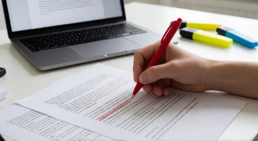 consejos para writing, Manos revisando un texto impreso con bolígrafo rojo sobre una mesa de trabajo