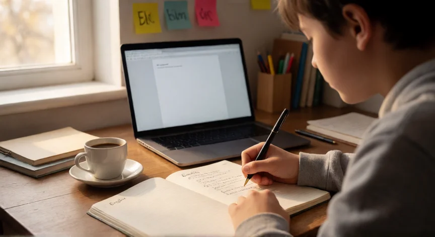 consejos para writing b1, Estudiante escribiendo un texto de inglés B1 en su cuaderno con notas adhesivas de vocabulario