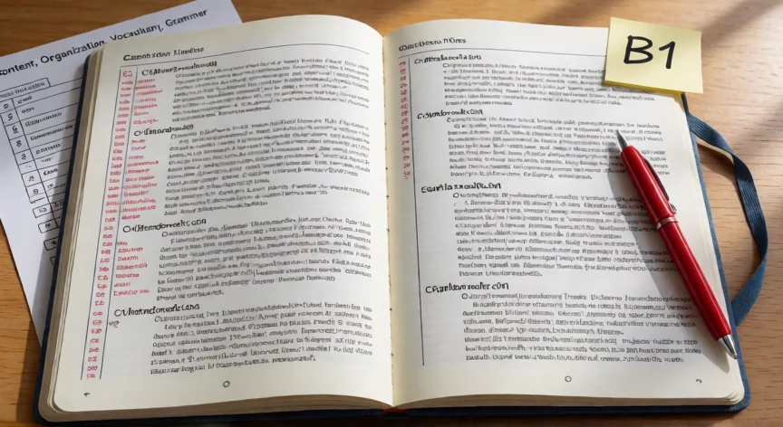 consejos para writing b1, Cuaderno con ensayo B1 corregido y rúbrica de evaluación de writing en inglés