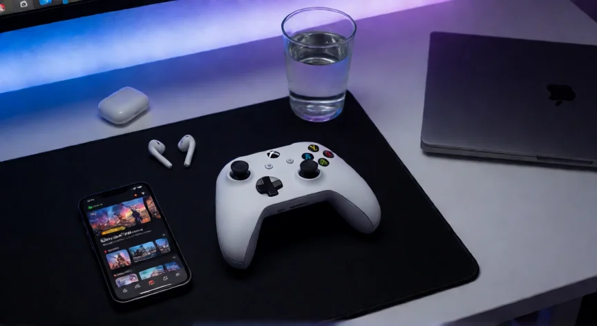 consejos para xbox series s, Setup de gaming nocturno con mando Xbox y auriculares inalámbricos