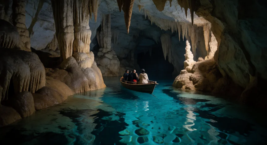 consejos para xcaret, Bote navegando por el río subterráneo con formaciones de estalactitas en la cueva de Xcaret