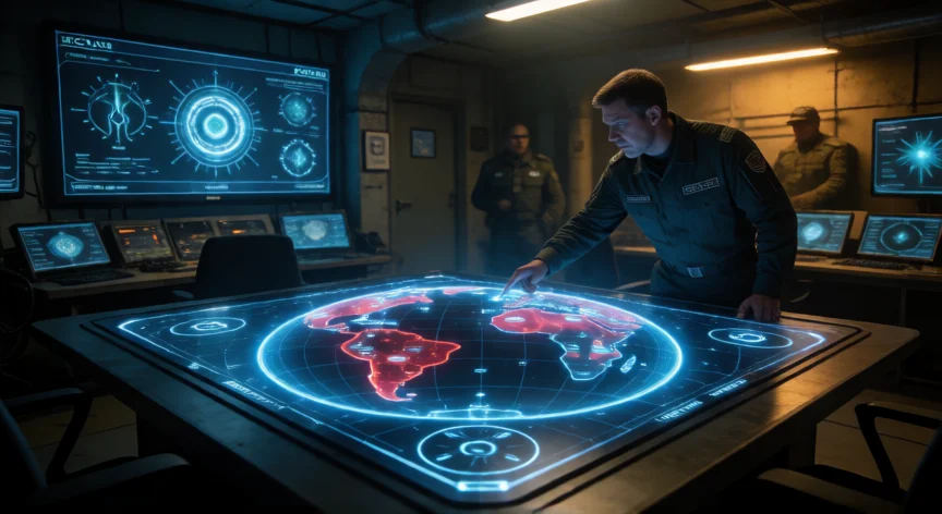 consejos para xcom 2, Centro de mando XCOM con mapa holográfico terrestre y esquemas de tecnología alienígena
