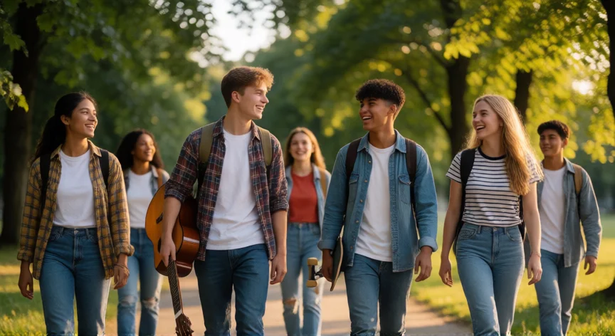 consejos para xv años, Grupo de amigos adolescentes caminando y riendo por un parque al atardecer