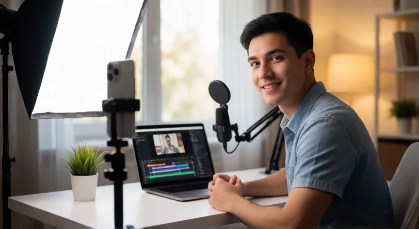 Creador de contenido grabando un video en su estudio casero con lighting profesional