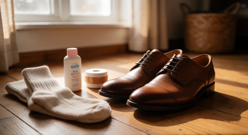 consejos para zapatos apretados, Zapatos nuevos de piel junto a medias gruesas y apósitos sobre suelo de madera