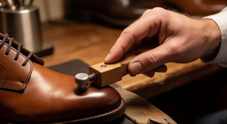 consejos para zapatos apretados, Zapatero estirando un zapato de piel con una varilla expansora en su taller