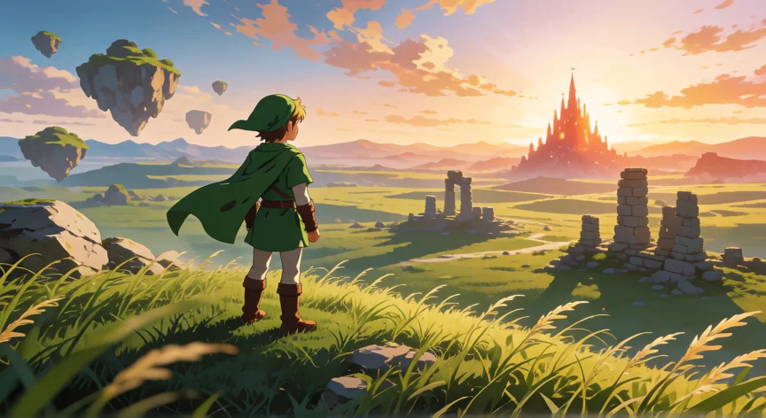 consejos para zelda breath of the wild, Herrero de Zelda contemplando el paisaje abierto de Hyrule al atardecer