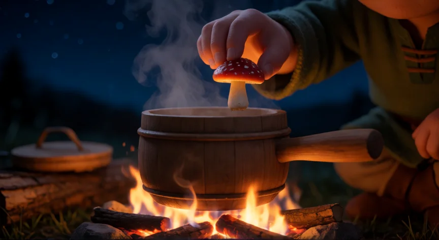consejos para zelda breath of the wild, Cocinando un plato con setas junto a una fogata nocturna en Breath of the Wild