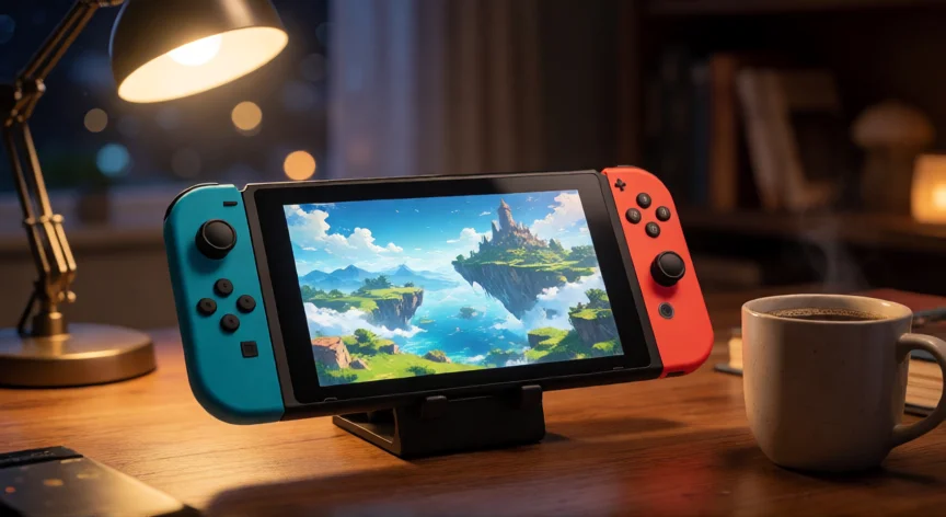 consejos para zelda tears of the kingdom, Consola Nintendo Switch mostrando el paisaje de Zelda Tears of the Kingdom en una mesa de juego