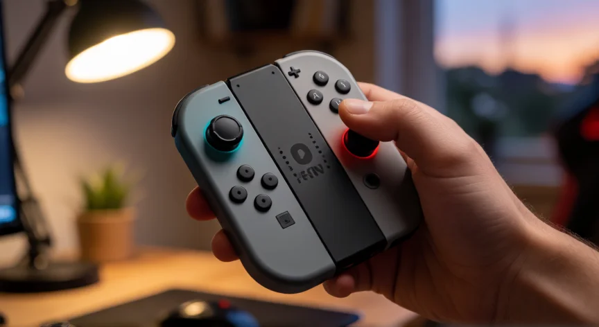 consejos para zelda tears of the kingdom, Manos sujetando los mandos Joy-Con de Nintendo Switch jugando en la penumbra