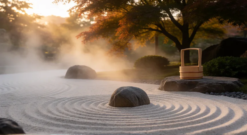 consejos zen para la vida, Jardín zen japonés con arena rizada y piedra en la luz dorada del amanecer