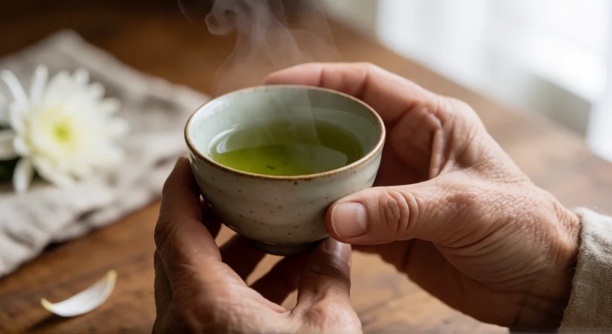 consejos zen para la vida, Manos sosteniendo una taza de té verde con vapor en un ambiente cálido y sereno