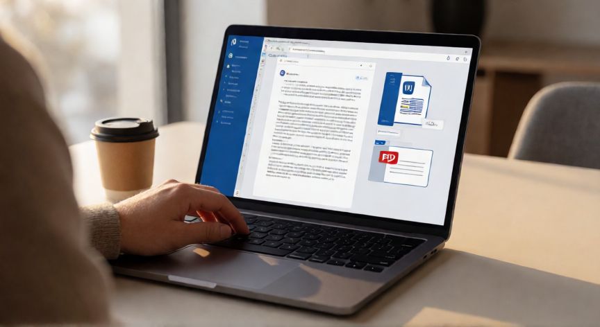 convertidor en word a pdf, Persona convirtiendo un documento de Word a PDF en su portátil