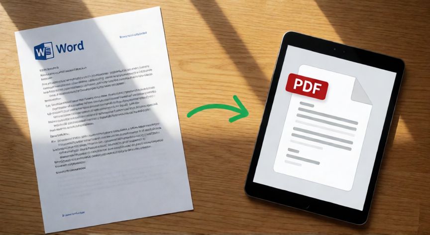 convertidor en word a pdf, Vista cenital de un documento Word transformándose en archivo PDF sobre una mesa de trabajo