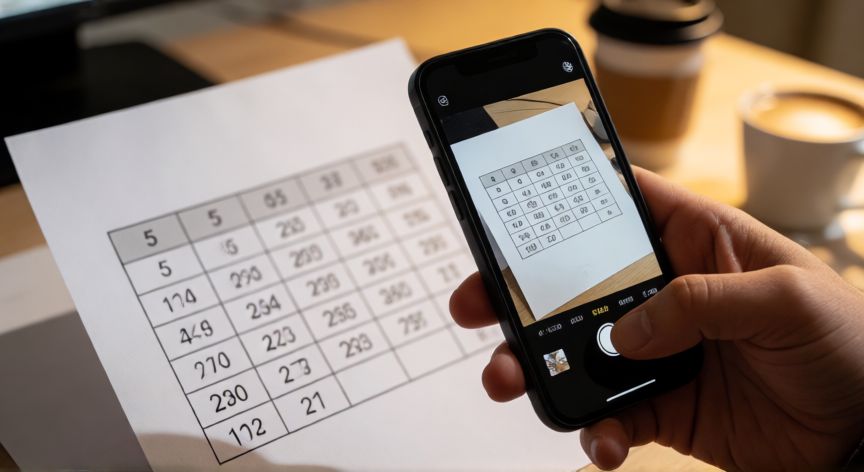 convertir en excel una imagen, Persona fotografiando una tabla impresa con el móvil para convertirla en Excel