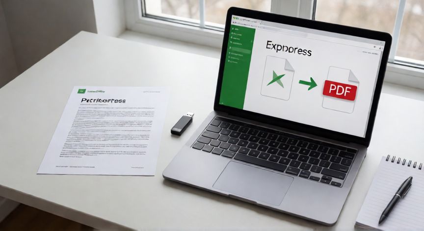 convertir en powerpoint a pdf, Mesa de trabajo con portátil abriendo LibreOffice Impress y documento PDF impreso al lado