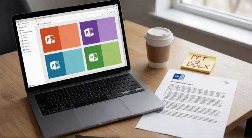 convertir en powerpoint a word, Laptop con PowerPoint abierto junto a un documento de Word impreso sobre un escritorio de oficina