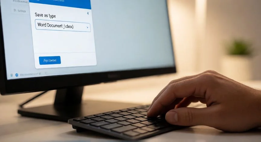 convertir en powerpoint a word, Manos seleccionando formato DOCX en el diálogo de guardar como de PowerPoint