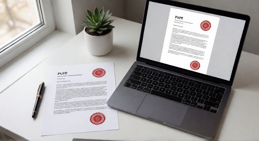 convertir en word a pdf, Documento PDF generado en laptop junto a su versión impresa con sello de verificación