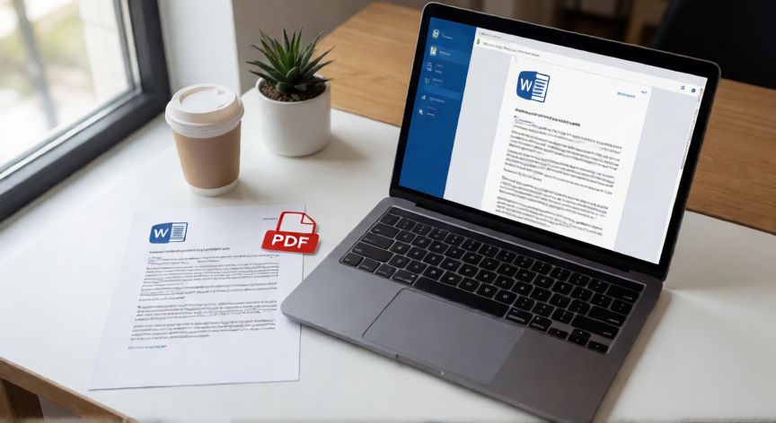 convertir en word a pdf gratis, Portátil con documento Word abierto y hoja PDF impresa sobre escritorio de madera
