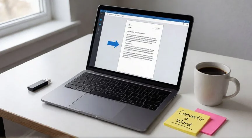 convertir en word gratis, Escritorio con portátil mostrando la conversión de un archivo a formato Word