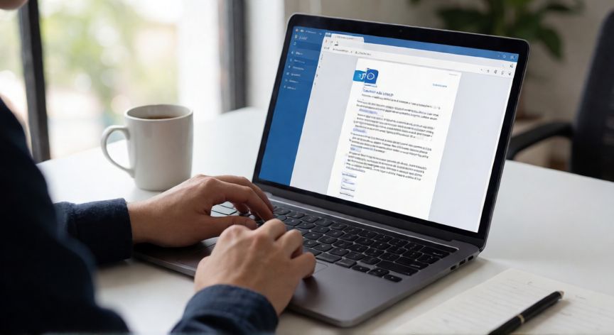 convertir en word un documento de pdf, Persona convirtiendo un archivo PDF a Word en su portátil en una mesa de trabajo