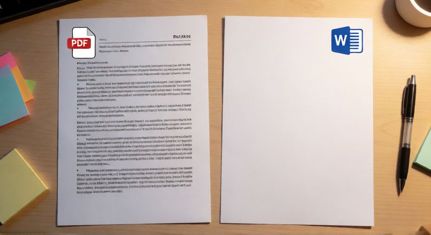 convertir en word un documento de pdf, Vista cenital de un documento PDF y un documento Word sobre una mesa de escritorio