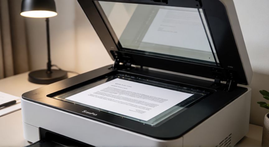 convertir en word una imagen, Escáner de plano con un documento sobre el cristal, listo para digitalizar a 300 DPI