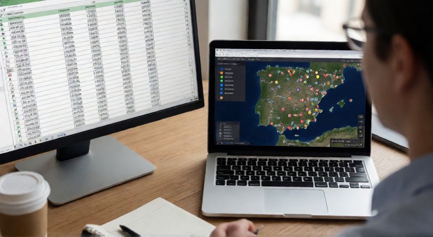 convertir excel en kmz, Mesa de trabajo con laptop mostrando Google Earth y Excel con coordenadas
