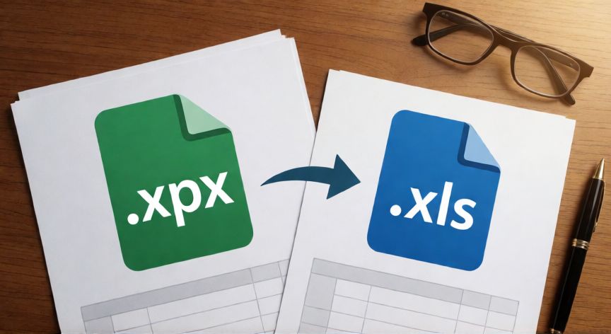 convertir excel en xls, Archivos .xlsx y .xls sobre un escritorio con flecha de conversión