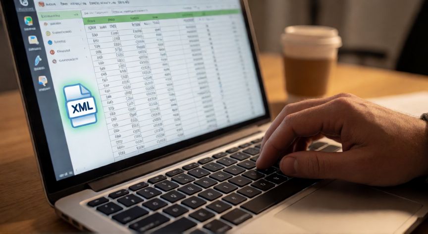 convertir excel en xml gratis, Persona trabajando en un portátil con una hoja de cálculo abierta junto a un archivo XML en el escritorio