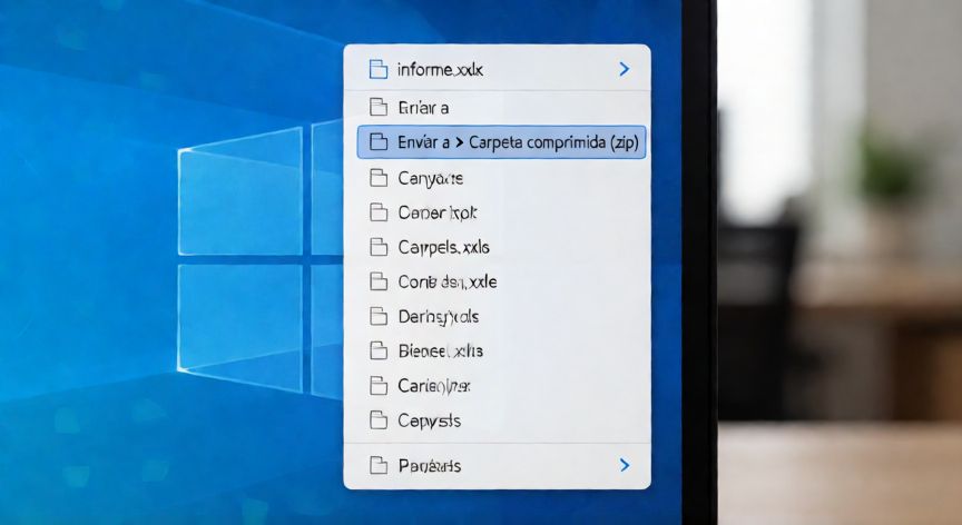 convertir excel en zip, Menú contextual de Windows para comprimir un archivo Excel en carpeta ZIP