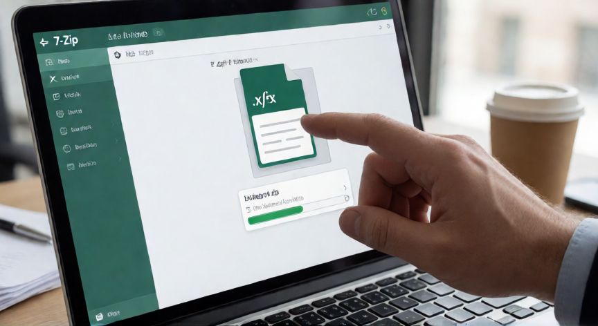 convertir excel en zip, Interfaz de 7-Zip comprimiendo un archivo de Excel en formato ZIP