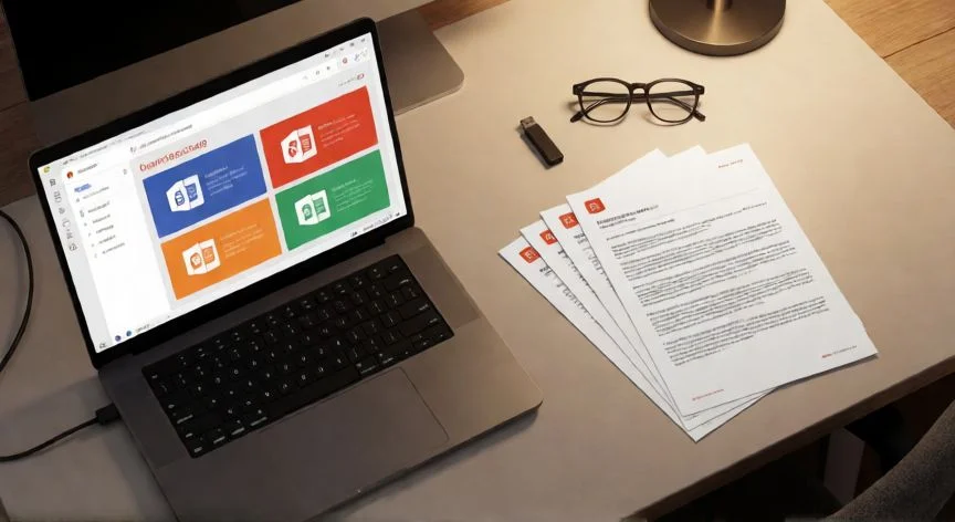 convertir pdf en powerpoint adobe, Mesa de trabajo con portátil mostrando presentación PowerPoint y documento PDF impreso al lado