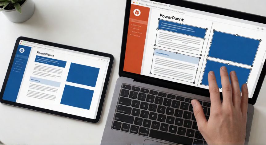 convertir pdf en powerpoint editable, Comparación visual entre un PDF estático y su versión editada en PowerPoint sobre un escritorio