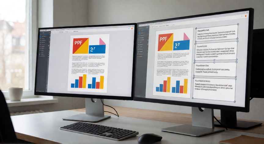 convertir pdf en powerpoint editable gratis, Conversión de PDF a PowerPoint editable vista en dos monitores con elementos seleccionables