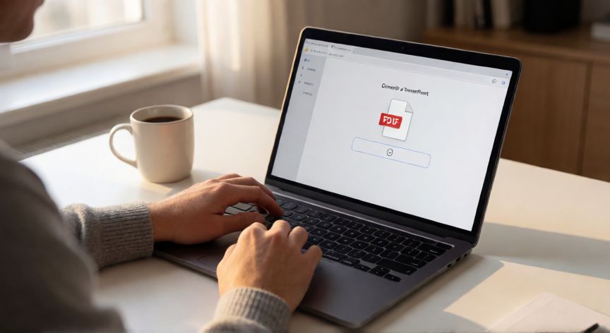 convertir pdf en powerpoint online, Persona convirtiendo un archivo PDF a PowerPoint usando una herramienta online en su portátil