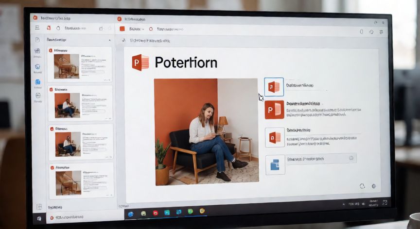 convertir pdf en powerpoint online, Pantalla de ordenador mostrando la edición de una presentación PowerPoint tras la conversión desde PDF