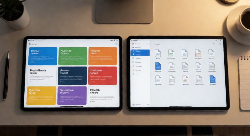 convertir powerpoint en keynote, Vista cenital de dispositivos Apple con archivos de presentación en formato Keynote y PowerPoint