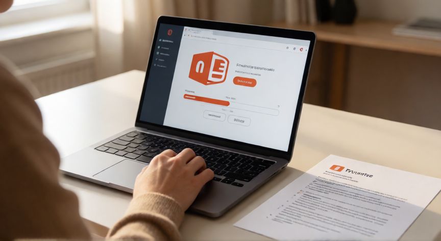 convertir powerpoint en pdf gratis, Persona exportando una presentación de PowerPoint a PDF desde su portátil en un escritorio moderno