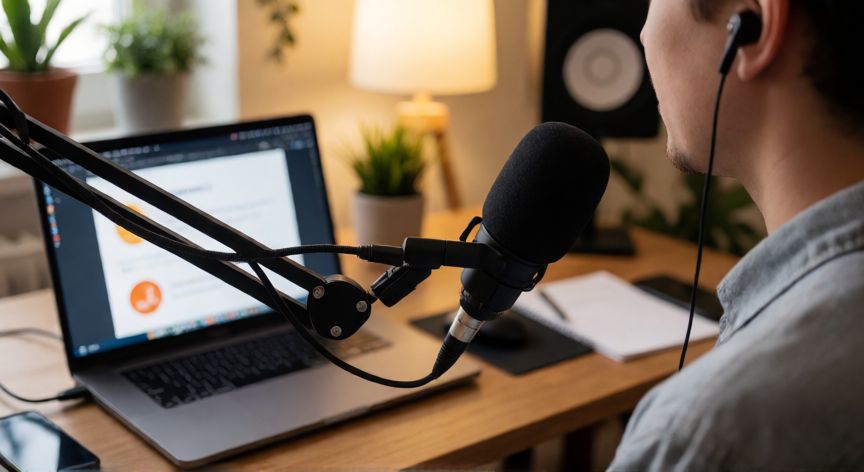 convertir powerpoint en video gratis, Persona grabando narración de voz para una presentación de PowerPoint