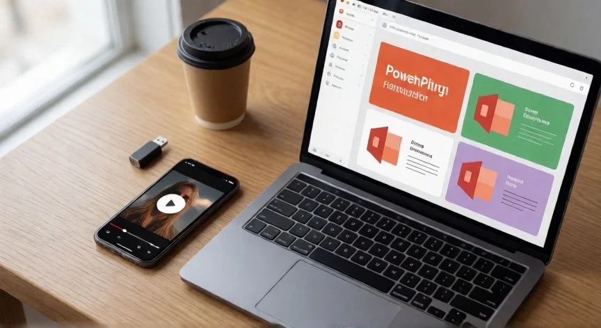 Ordenador portátil con presentación PowerPoint abierta junto a un móvil reproduciendo un vídeo, sobre escritorio de madera