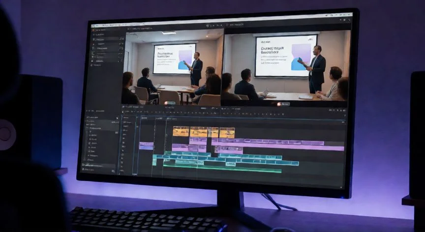 convertir powerpoint en video online gratis, Monitor con editor de vídeo mostrando la línea de tiempo de una presentación convertida a vídeo en un estudio doméstico