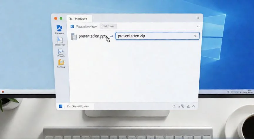 convertir powerpoint en zip, Ventana del Explorador de Windows mostrando el renombrado de un archivo .pptx a .zip