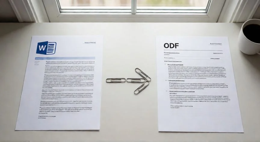 convertir word en odf, Documentos Word y ODF lado a lado sobre un escritorio